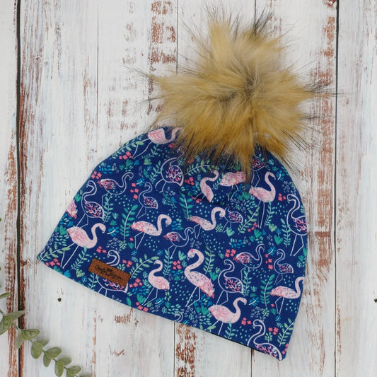ENFANT - Tuque Printemps/Automne (JERSEY) Pompon amovible - Marine - Flamants roses