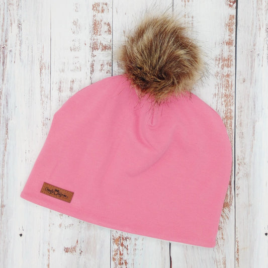 ADULTE - Tuque Printemps/Automne (JERSEY) Pompon amovible - UNIE - Corail
