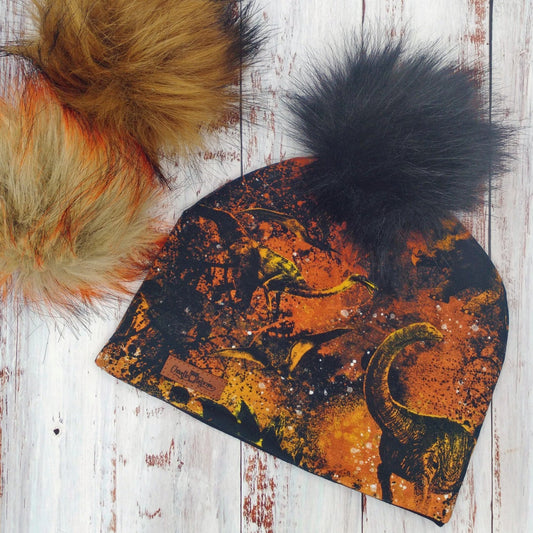 ADULTE - Tuque Printemps/Automne (JERSEY) Pompon amovible - Dinosaures - Orange et noir