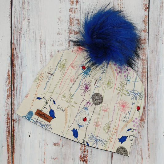 ENFANT - Tuque Printemps/Automne (JERSEY) Pompon amovible - Fleurs sur tiges fond crème