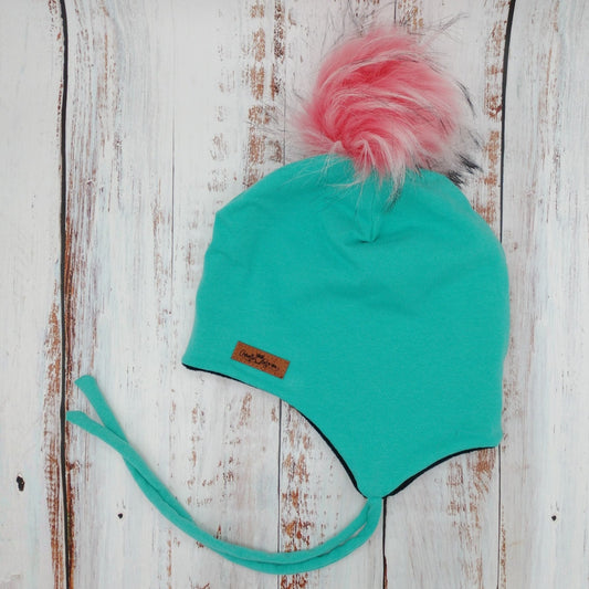 ENFANT - Tuque Hiver (POLAR) avec Cordons  Pompon amovible - Turquoise